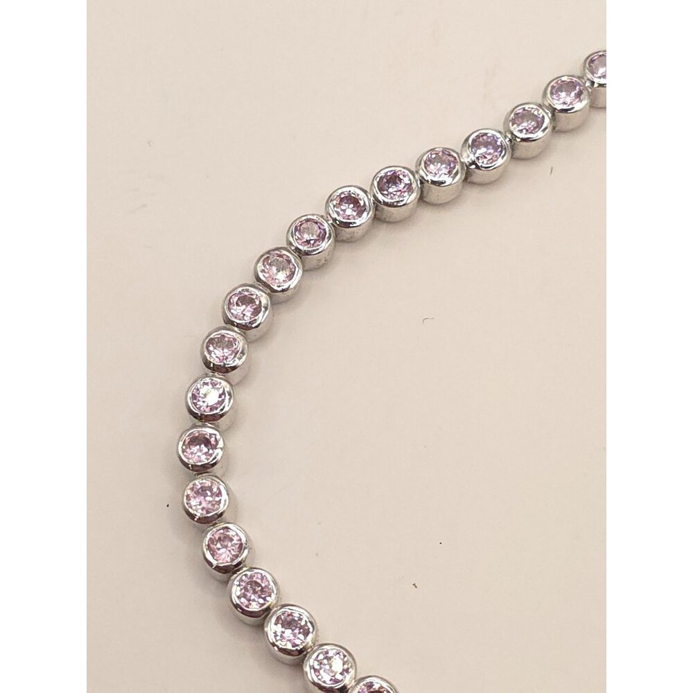 Silver Tone Tennis Bracelet With Pink CZ Stones & Secure Clasp - Picture 3 of 11